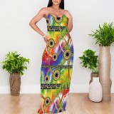 1 Piece Custom Casual Print Straps V Neck Long Dresses