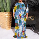 1 Piece Custom Casual Print 3/4 Sleeve Christmas Plus Size Maxi Dress