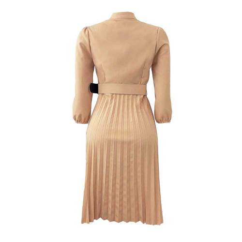 Khaki Women Long Sleeve Pleated Dresses with Waist Belt A Line Button Up
