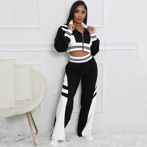 Double-layer Thread Colorblock Cropped Zipper Lougewear Set