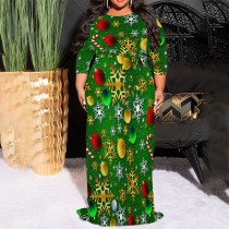 1 Piece Custom Casual Print 3/4 Sleeve Christmas Plus Size Maxi Dress