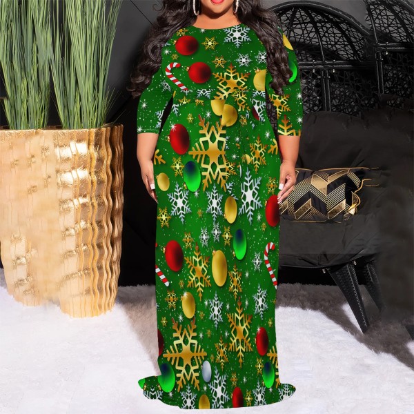 1 Piece Custom Casual Print 3/4 Sleeve Christmas Plus Size Maxi Dress