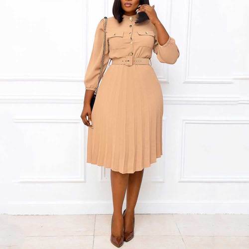 Khaki Women Long Sleeve Pleated Dresses with Waist Belt A Line Button Up