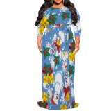 1 Piece Custom Casual Print 3/4 Sleeve Christmas Plus Size Maxi Dress