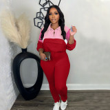 Athleisure Contrast Color Zipper Sweatshirt Tight Pants Sports Two-Piece Set
