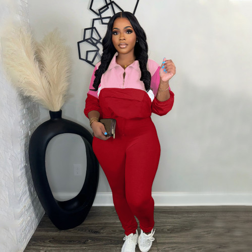 Athleisure Contrast Color Zipper Sweatshirt Tight Pants Sports Two-Piece Set