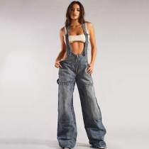 Denim Jumpsuit Sleeveless Cut out Adjustable Zip Up Baggy Long Wide Leg