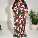 1 Piece Custom Casual Print 3/4 Sleeve Christmas Plus Size Maxi Dress