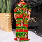 1 Piece Custom Casual Print 3/4 Sleeve Christmas Plus Size Maxi Dress