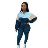 Athleisure Contrast Color Zipper Sweatshirt Tight Pants Sports Two-Piece Set