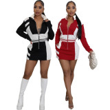 Casual Colorblock Zipper Jacket Long Sleeve Bodycon Dress