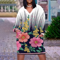 1 Piece Custom Casual Print V Neck Long Sleeve Plus Size Midi Dress