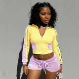 Casual Contrast Color Zipper Hooded Short Sets
