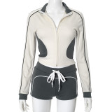 Casual Contrast Color Zipper Hooded Short Sets