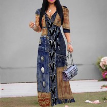 1 Piece Custom Casual Print V Neck Maxi Dresses Imitation Denim Puff Sleeves