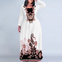 1 Piece Custom Casual Print O Neck Long Sleeve Plus Size Maxi Dress