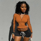 Casual Contrast Color Zipper Hooded Short Sets