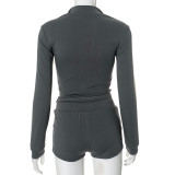 Casual Contrast Color Zipper Hooded Short Sets
