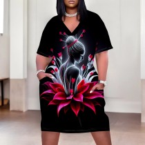1 Piece Custom Casual Print V Neck Short Sleeve Plus Size Midi Dress