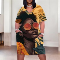 1 Piece Custom Casual Print V Neck Short Sleeve Plus Size Midi Dress