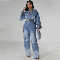 Washed Distressed Denim Cargo Ruffle Sleeve Jumpsuit with Multi-Pocket