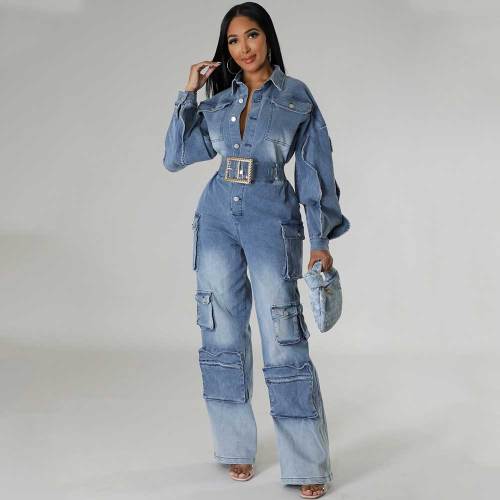 Washed Distressed Denim Cargo Ruffle Sleeve Jumpsuit with Multi-Pocket
