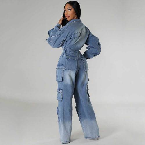 Washed Distressed Denim Cargo Ruffle Sleeve Jumpsuit with Multi-Pocket