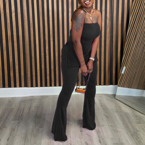 Sexy Solid Color Slim Strapless Pit Women's Two-Piece Outfits