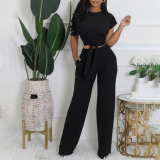 Solid Color Short Sleeve Layback Pantset