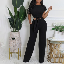 Solid Color Short Sleeve Layback Pantset