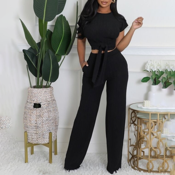 Solid Color Short Sleeve Layback Pantset