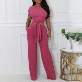 Solid Color Short Sleeve Layback Pantset