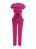 Solid Color Short Sleeve Layback Pantset