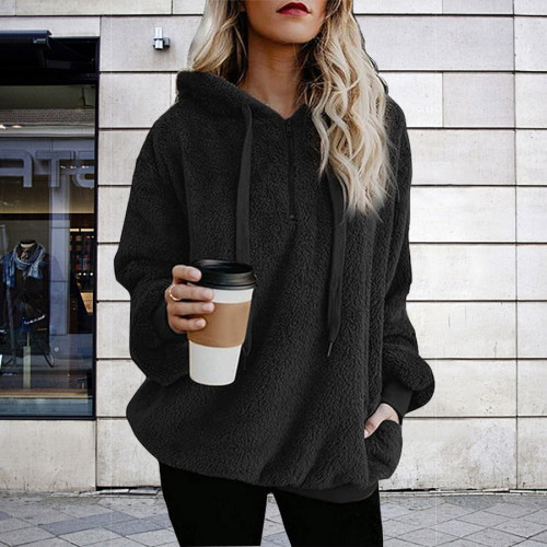 Clothing Women Long Hooded Tops Solid Warm Casual Fleece Outfit