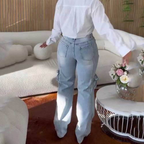Women Fashion Hollow Rhinestone Cargo Pants Multi-Pocket Washed Jeans