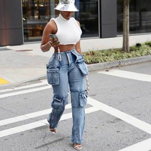 Fashion Casual Patchwork Multi-pocket Harmonica Jeans
