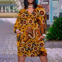 1 Piece Custom Casual Print V Neck Long Sleeve Plus Size Midi Dress