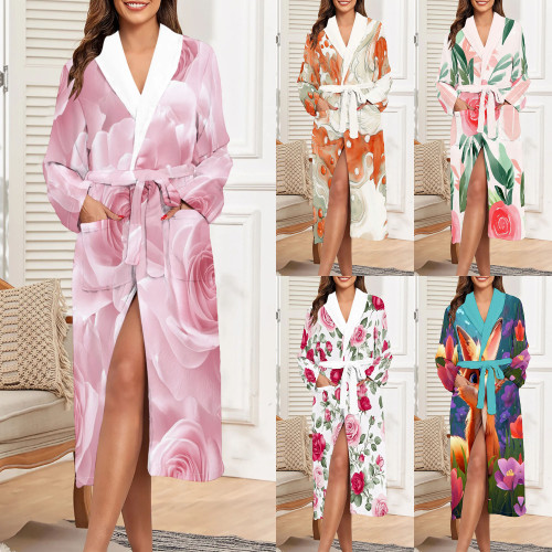 Casual Digital Printing Flannel Robe with Patch Pockets
