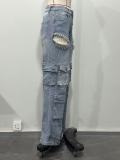 Women Fashion Hollow Rhinestone Cargo Pants Multi-Pocket Washed Jeans