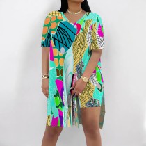 Casual Digital Printing V Neck Slit Short Set