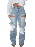 Women Fashion Hollow Rhinestone Cargo Pants Multi-Pocket Washed Jeans