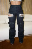 Women Fashion Hollow Rhinestone Cargo Pants Multi-Pocket Washed Jeans