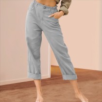 Casual Solid Pockets Zipper Elastic Button Waist Pants Long Trousers