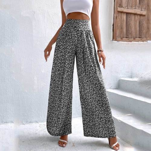 Women's Floral High Waisted Ruffle Wide Leg Pants Boho Summer Beach Palazzo Pants