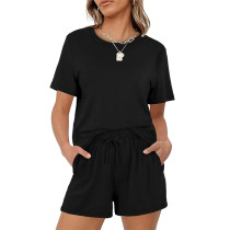 Solid Color Casual Short Sleeve Short Set