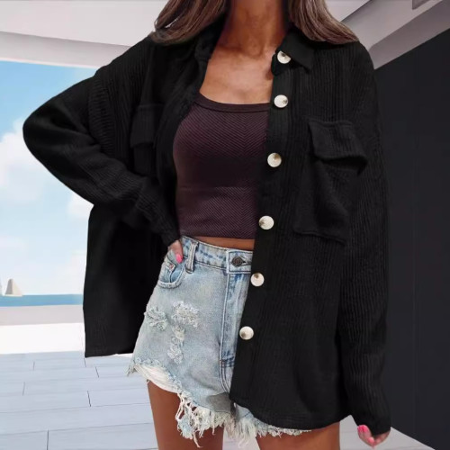 Women's POLO Collar Waffle Knitted Shacket Button Down Shirts