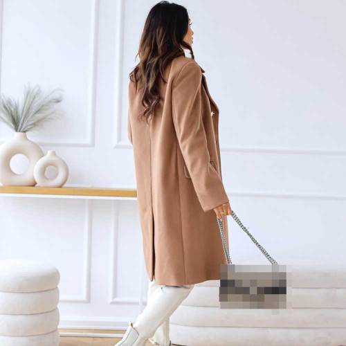 Double Breasted Woolen Coat Notched Collar Winter Long Jacket Outerwear