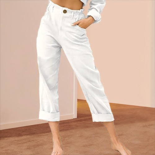 Casual Solid Pockets Zipper Elastic Button Waist Pants Long Trousers