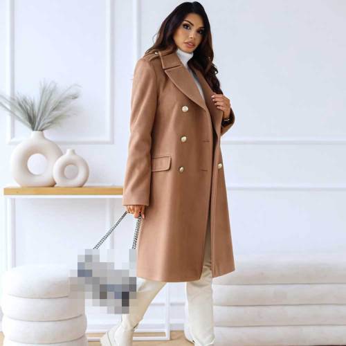 Double Breasted Woolen Coat Notched Collar Winter Long Jacket Outerwear
