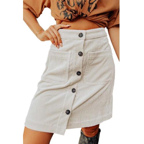 Womens Corduroy A-line Mini Skirts Pleated Button Front Skirts with Pockets